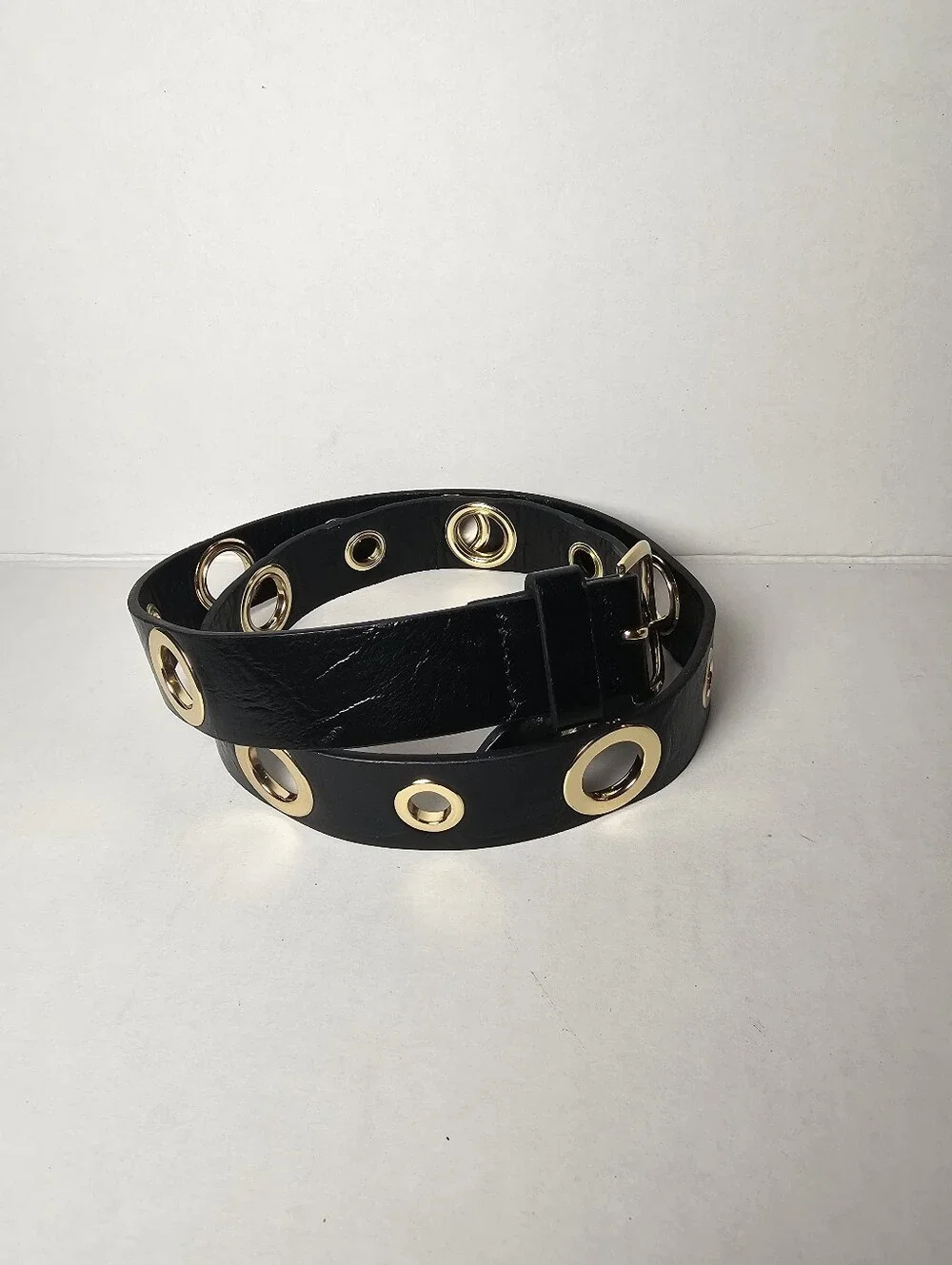 Topshop Black Leather Grommet Belt with Gold Buckle Size XS/S Womens